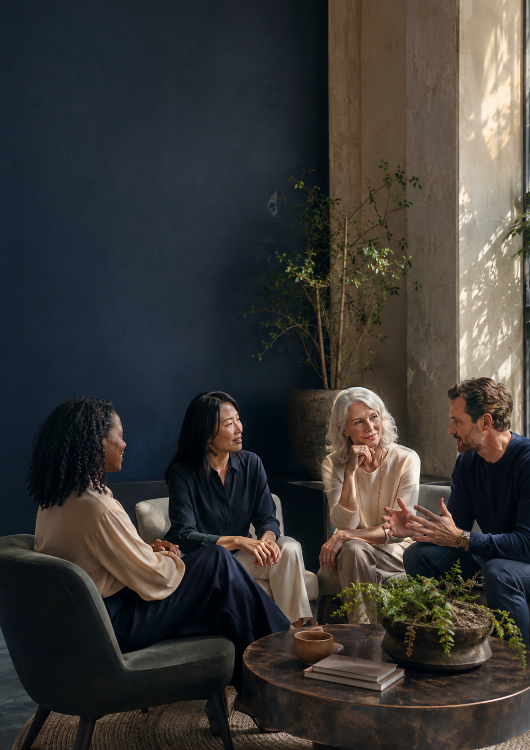 Quattro persone di culture diverse in conversazione